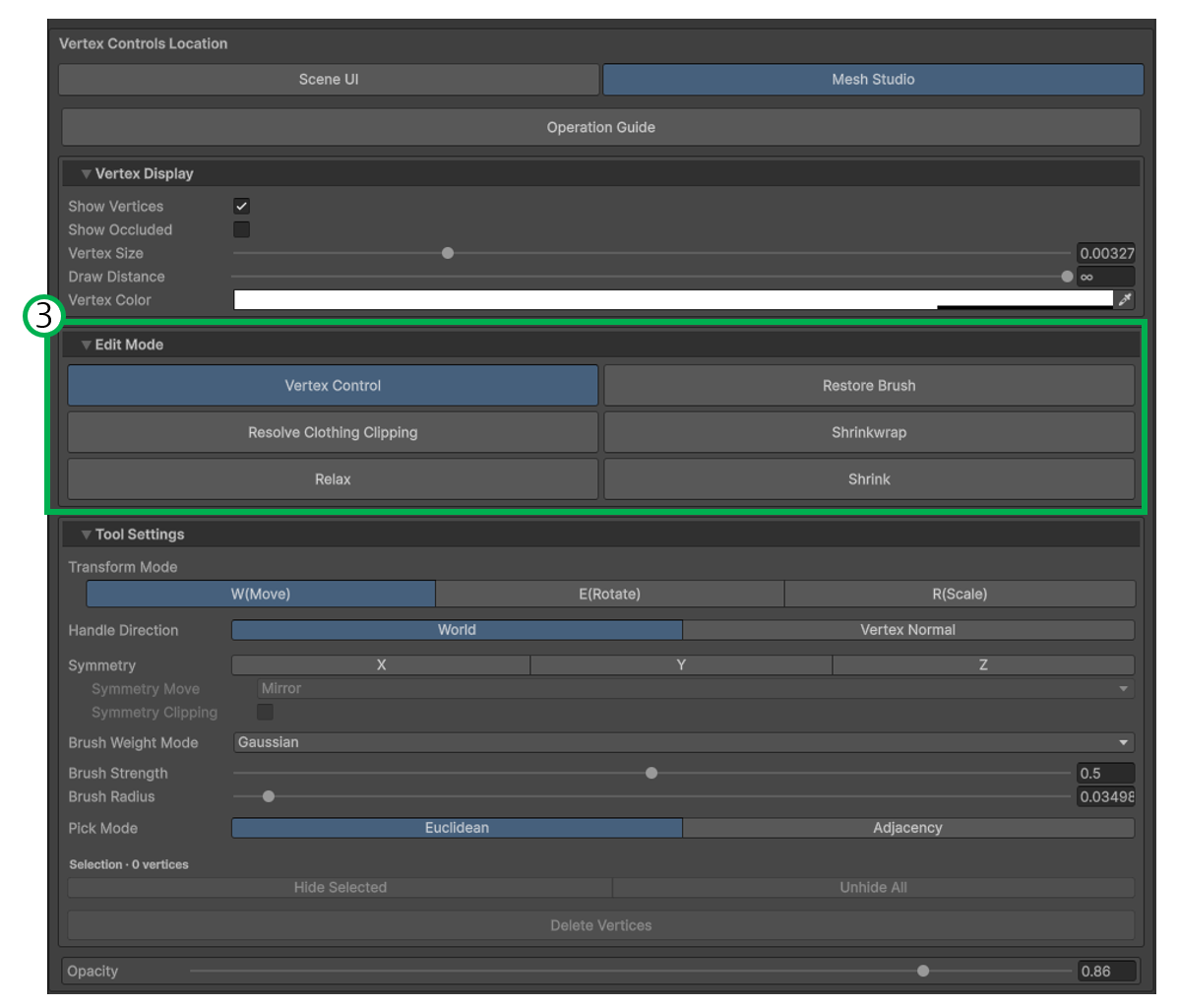 Location of the Edit Mode panel