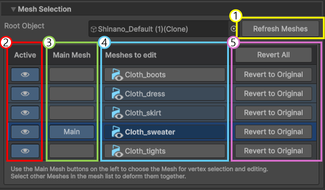 Main Mesh, additional meshes, active state, and revert controls