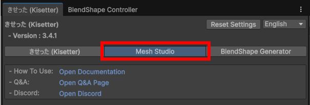 Mesh Studio tab at the top of the Kisetter window