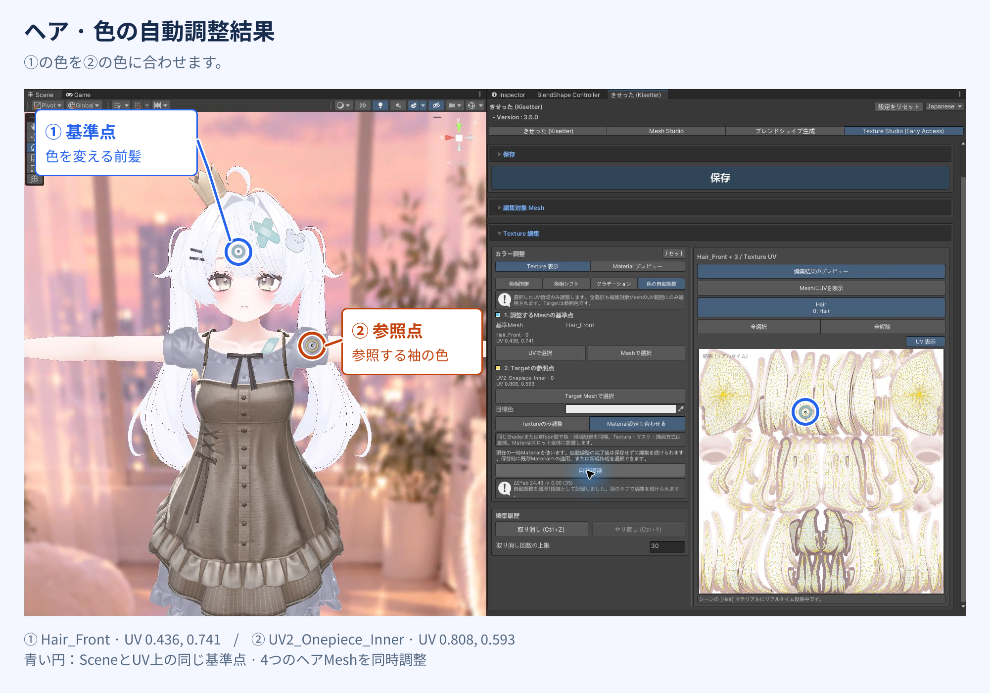 前髪の青の①を基準点、袖のオレンジの②を参照点にして、4つのヘアMeshを自動調整した結果。