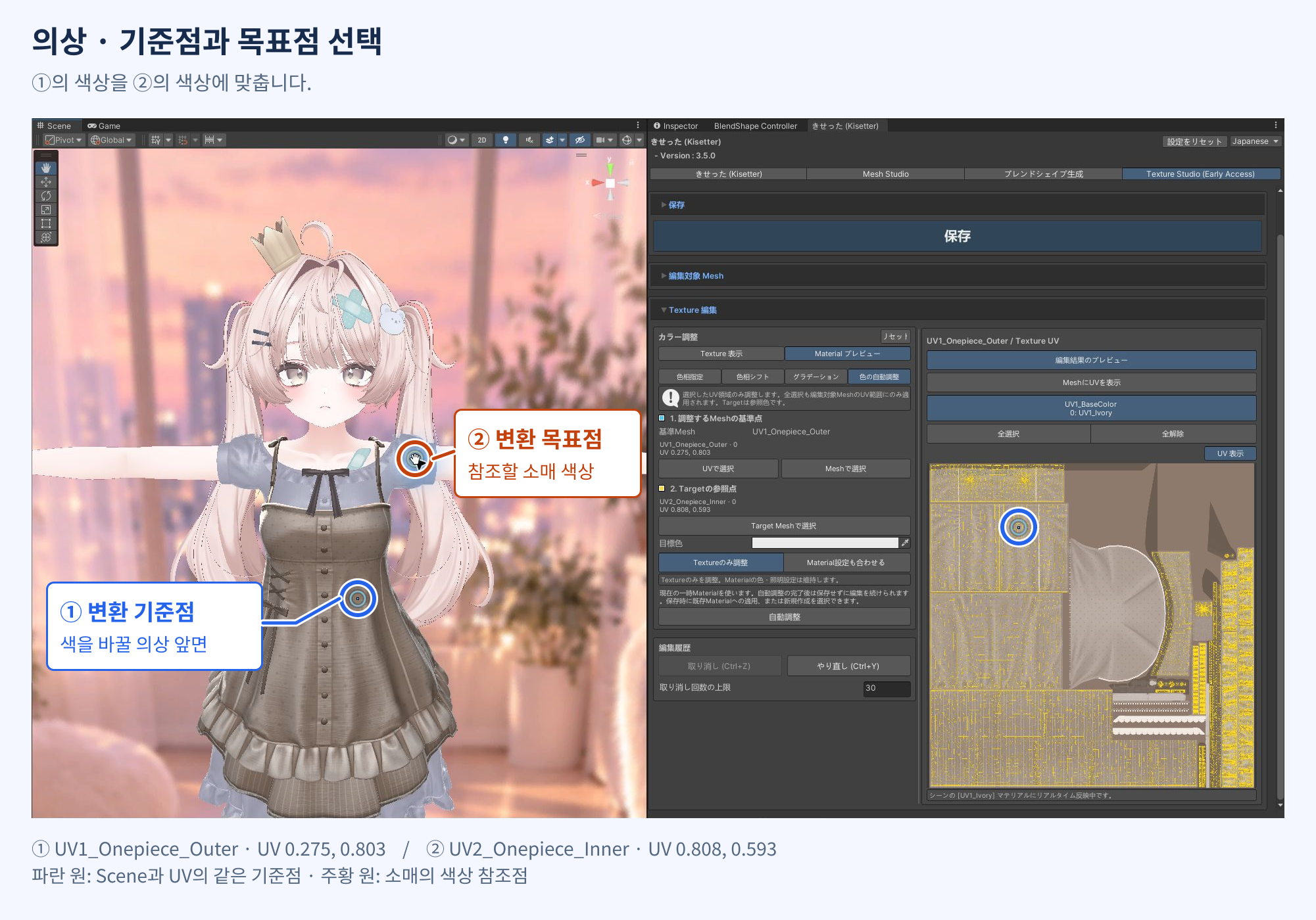 파란색 ①은 의상 앞면의 변환 기준점, 주황색 ②는 소매의 변환 목표점. UV의 파란 원은 같은 기준점입니다.